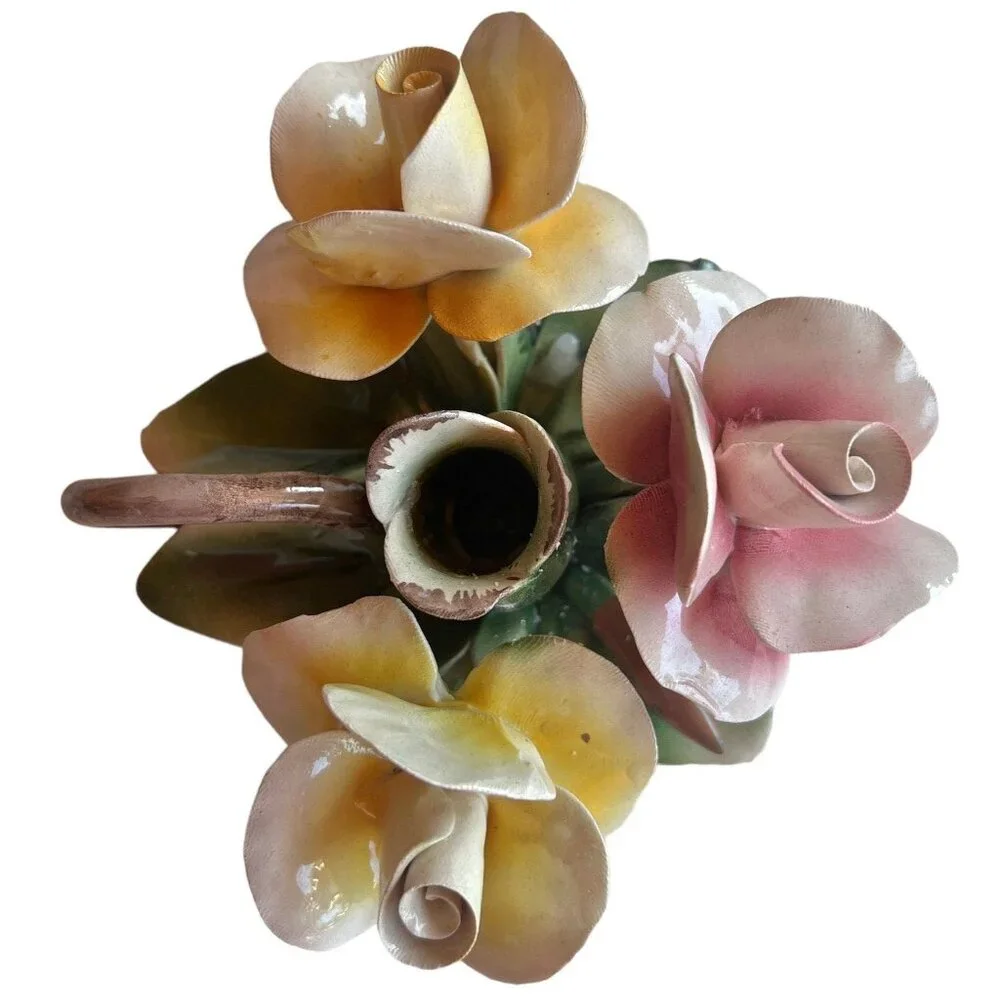 Capodimonte Roses Candle Stick Holder Pink Yellow Green Made in Italy Cottagecor